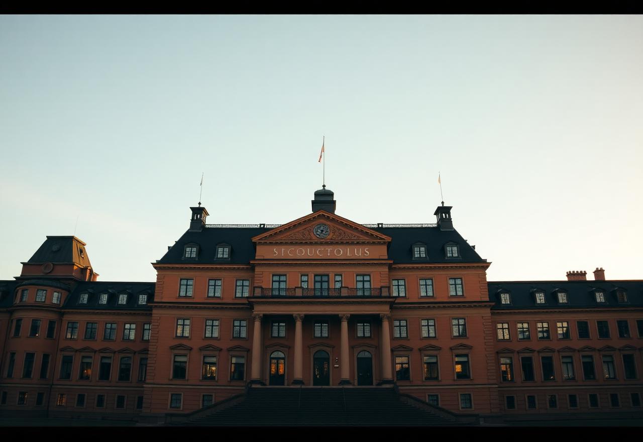 Stockholm courthouse facade at golden hour